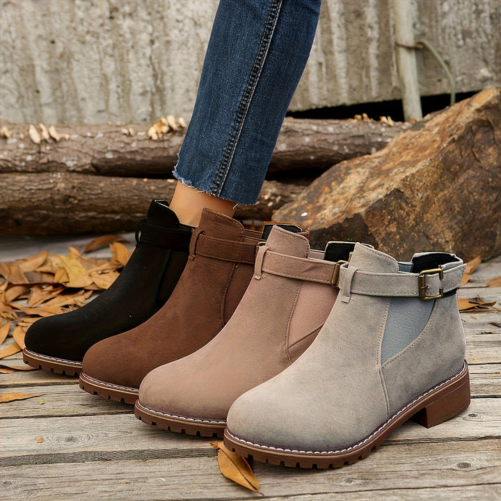 Women's Suede Chelsea Ankle Boots Buckle Strap Block Heel Elastic Slip-On