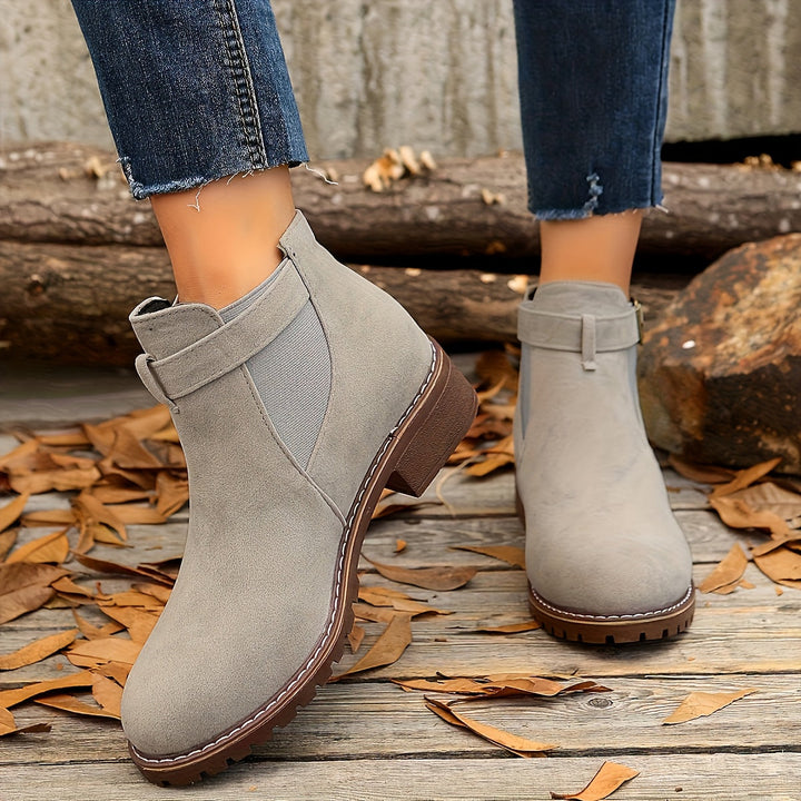 Women's Suede Chelsea Ankle Boots Buckle Strap Block Heel Elastic Slip-On