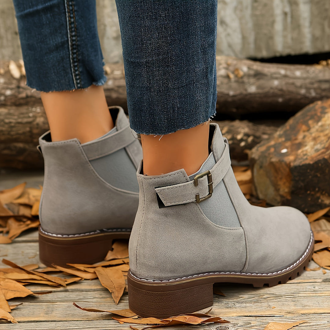 Women's Suede Chelsea Ankle Boots Buckle Strap Block Heel Elastic Slip-On