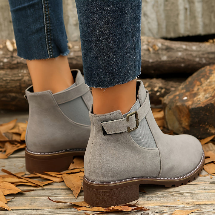 Women's Suede Chelsea Ankle Boots Buckle Strap Block Heel Elastic Slip-On
