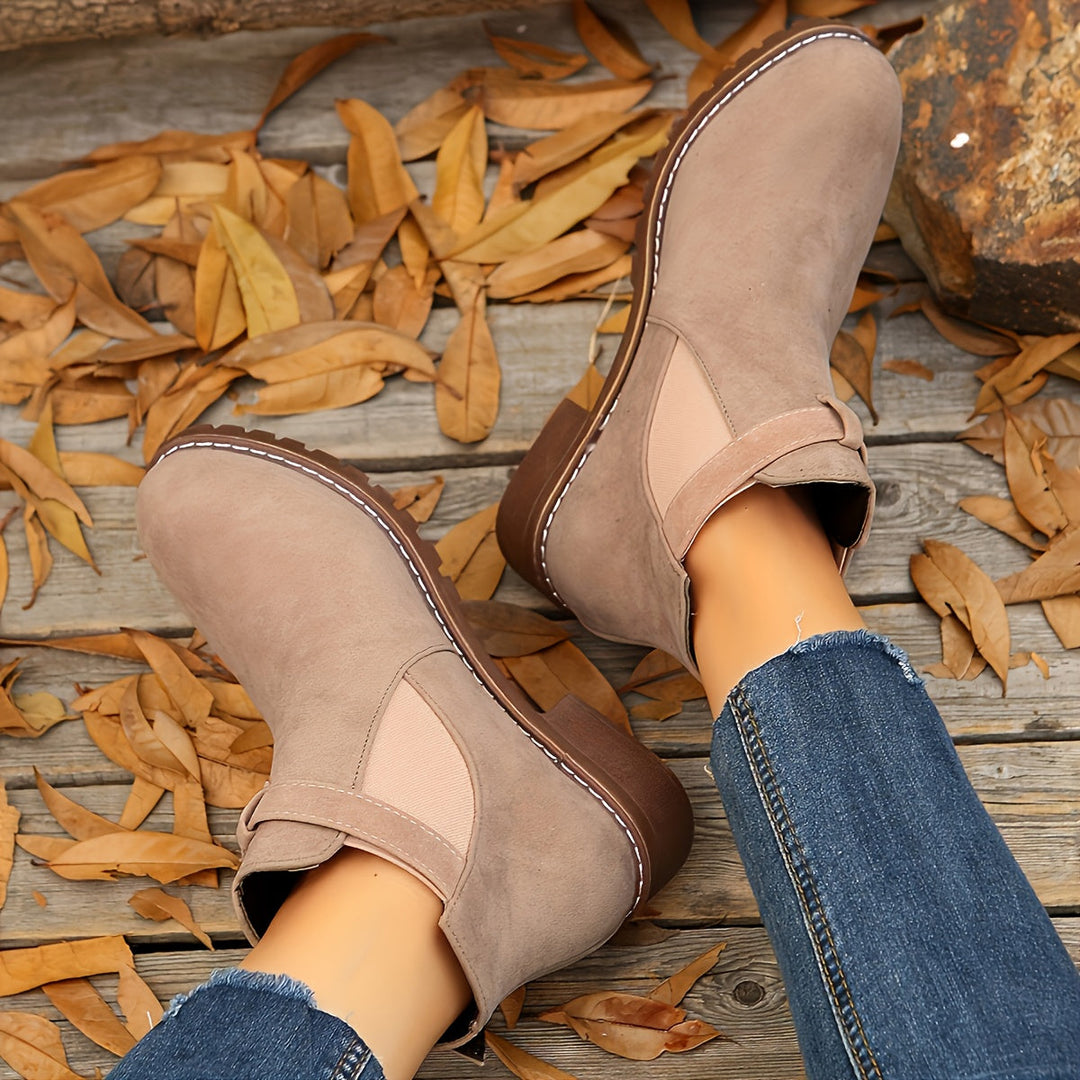 Women's Suede Chelsea Ankle Boots Buckle Strap Block Heel Elastic Slip-On