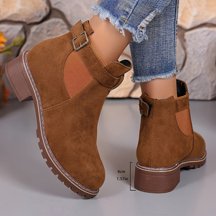 Women's Suede Chelsea Ankle Boots Buckle Strap Block Heel Elastic Slip-On