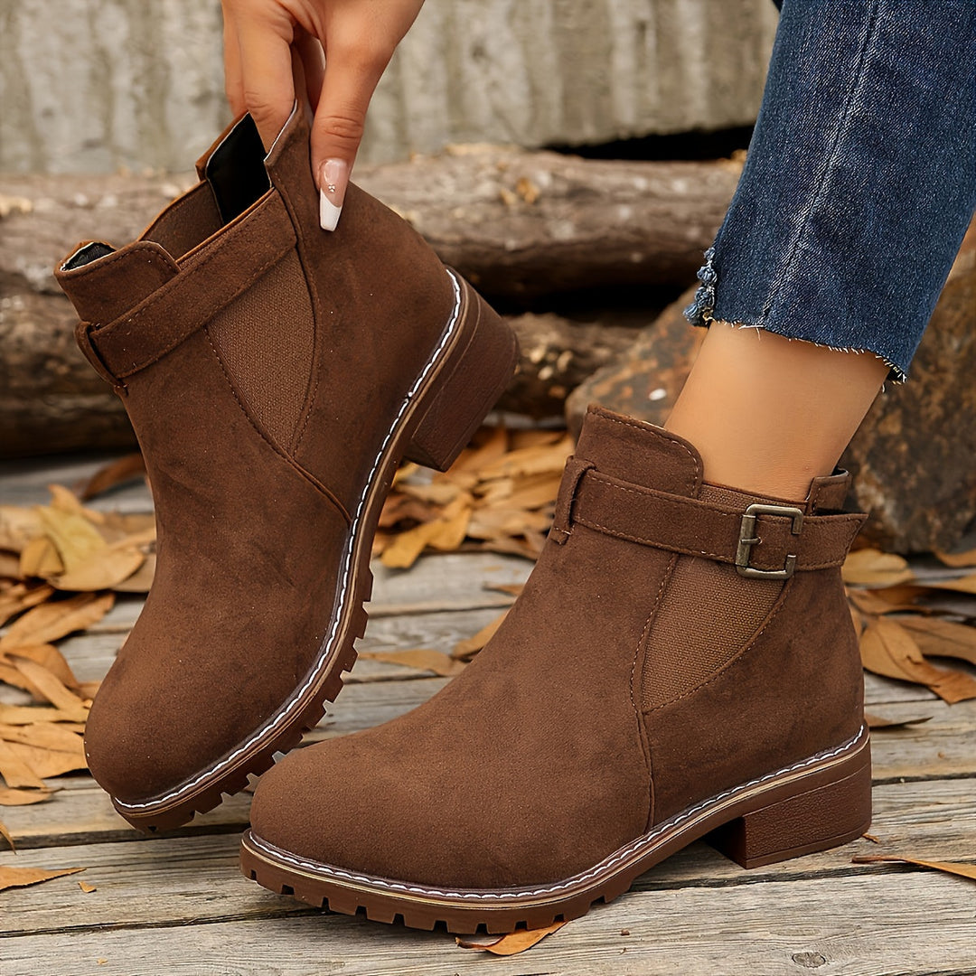 Women's Suede Chelsea Ankle Boots Buckle Strap Block Heel Elastic Slip-On