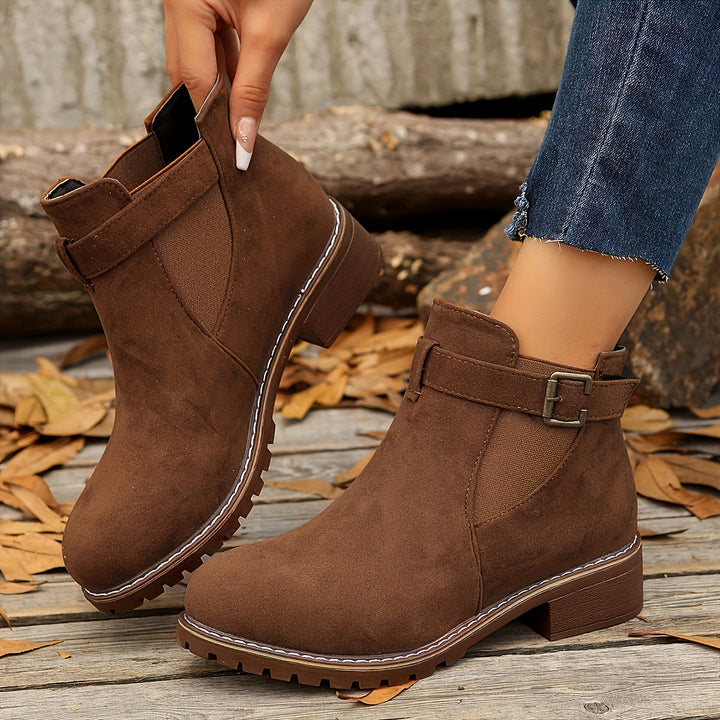 Women's Suede Chelsea Ankle Boots Buckle Strap Block Heel Elastic Slip-On