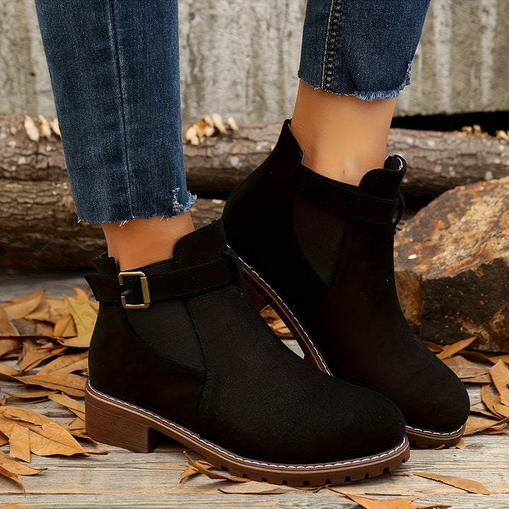 Women's Suede Chelsea Ankle Boots Buckle Strap Block Heel Elastic Slip-On