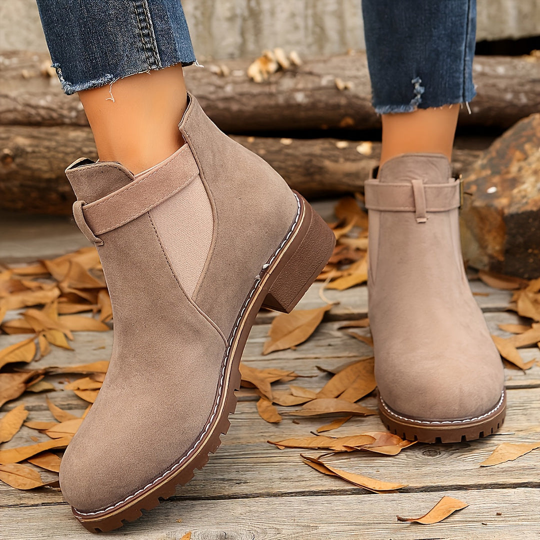 Women's Suede Chelsea Ankle Boots Buckle Strap Block Heel Elastic Slip-On