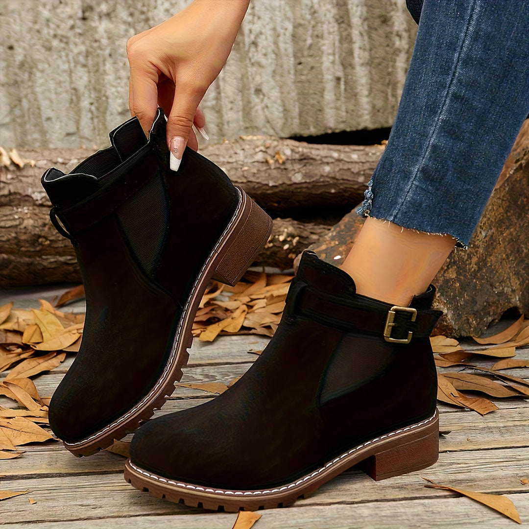 Women's Suede Chelsea Ankle Boots Buckle Strap Block Heel Elastic Slip-On