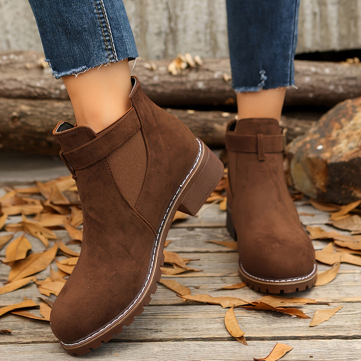 Women's Suede Chelsea Ankle Boots Buckle Strap Block Heel Elastic Slip-On