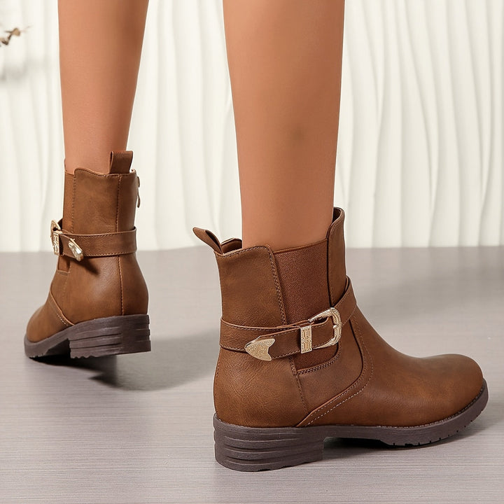 Women's Brown Chelsea Ankle Boots Western Buckle Strap Block Heel Slip-On