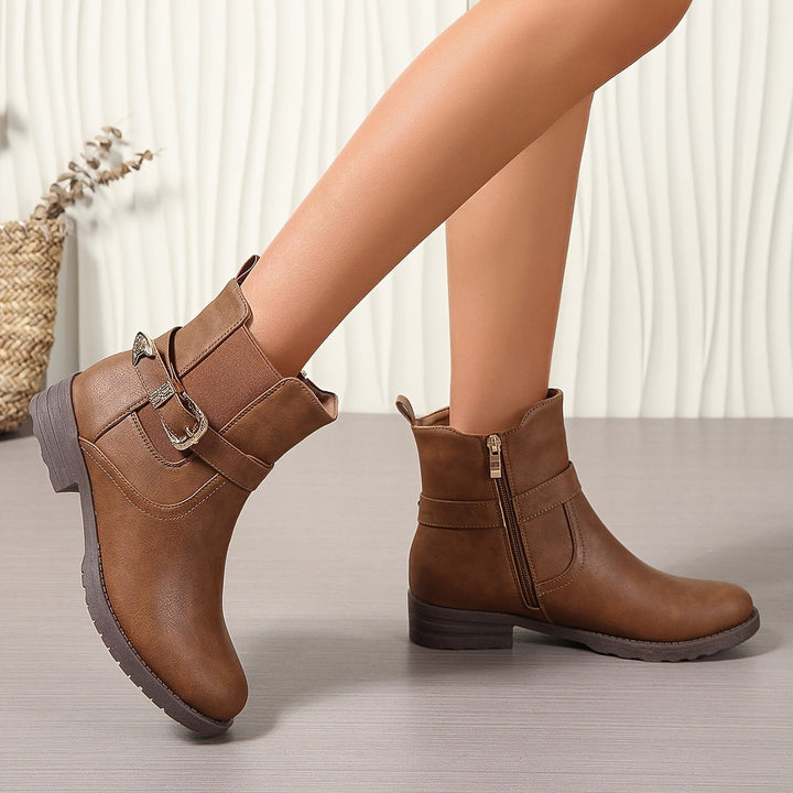 Women's Brown Chelsea Ankle Boots Western Buckle Strap Block Heel Slip-On