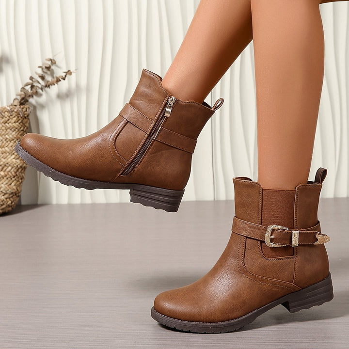 Women's Brown Chelsea Ankle Boots Western Buckle Strap Block Heel Slip-On