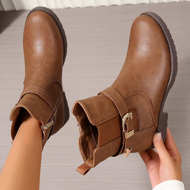 Women's Brown Chelsea Ankle Boots Western Buckle Strap Block Heel Slip-On