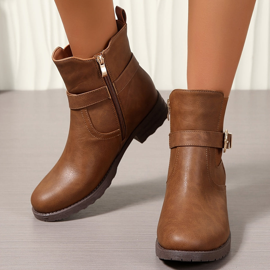 Women's Brown Chelsea Ankle Boots Western Buckle Strap Block Heel Slip-On