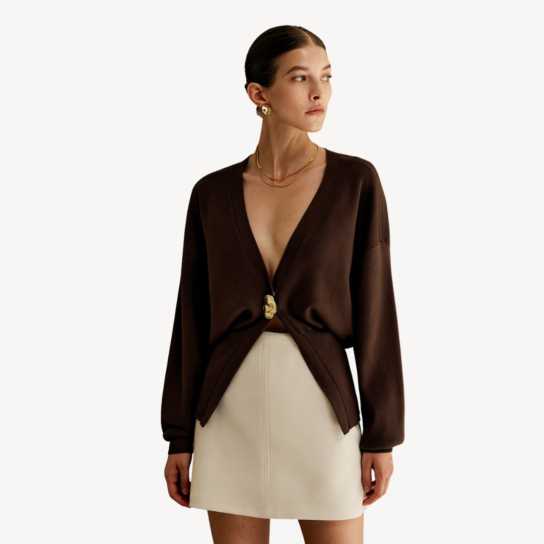 Women's Fine Knit V-Neck Cardigan Gold-Button Batwing-Sleeve Relaxed Cropped
