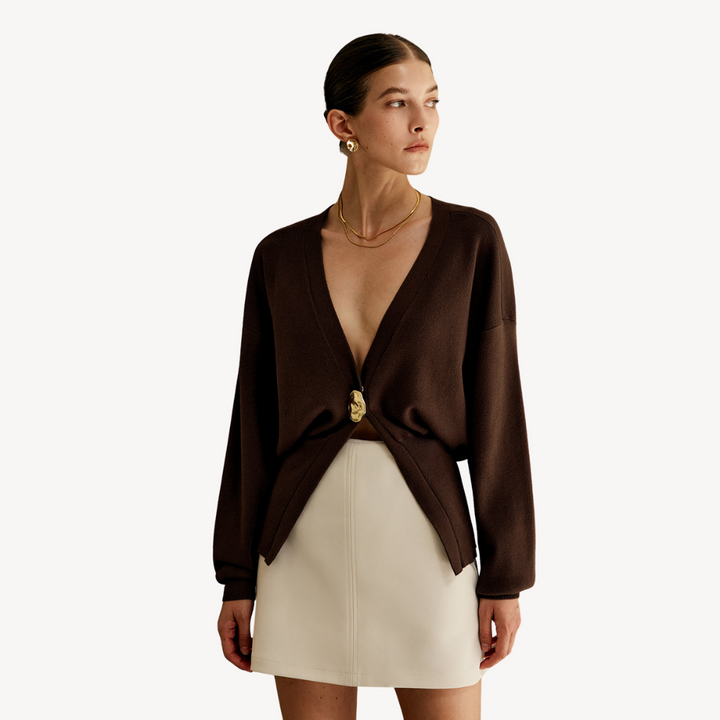 Women's Fine Knit V-Neck Cardigan Gold-Button Batwing-Sleeve Relaxed Cropped
