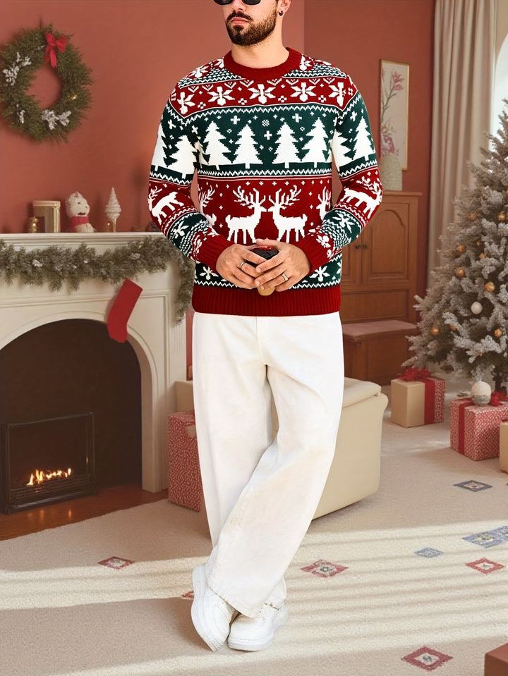 Men's Festive Christmas Sweater Reindeer Fair Isle Crewneck Holiday