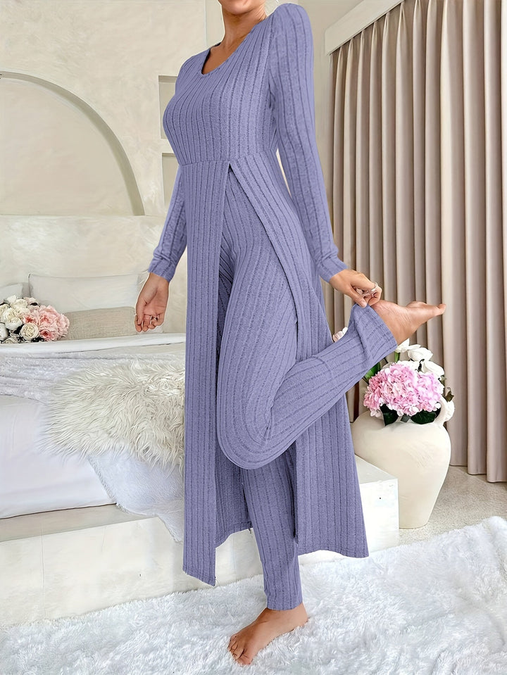 Women's Ribbed Two-Piece Lounge Set Longline Split-Hem Long-Sleeve Pants Cozy