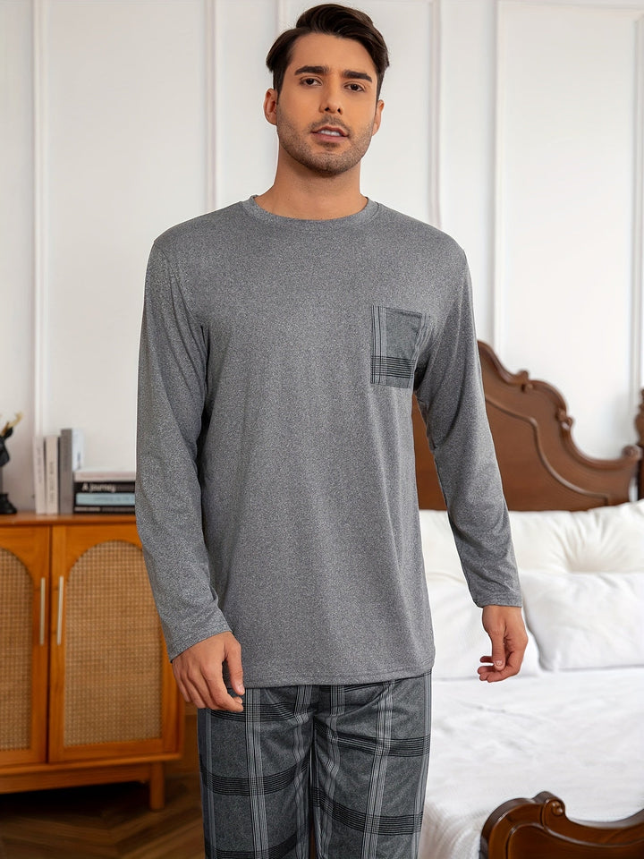 Men's Grey Lounge Set Long-Sleeve Tee Plaid Pants Two-Piece