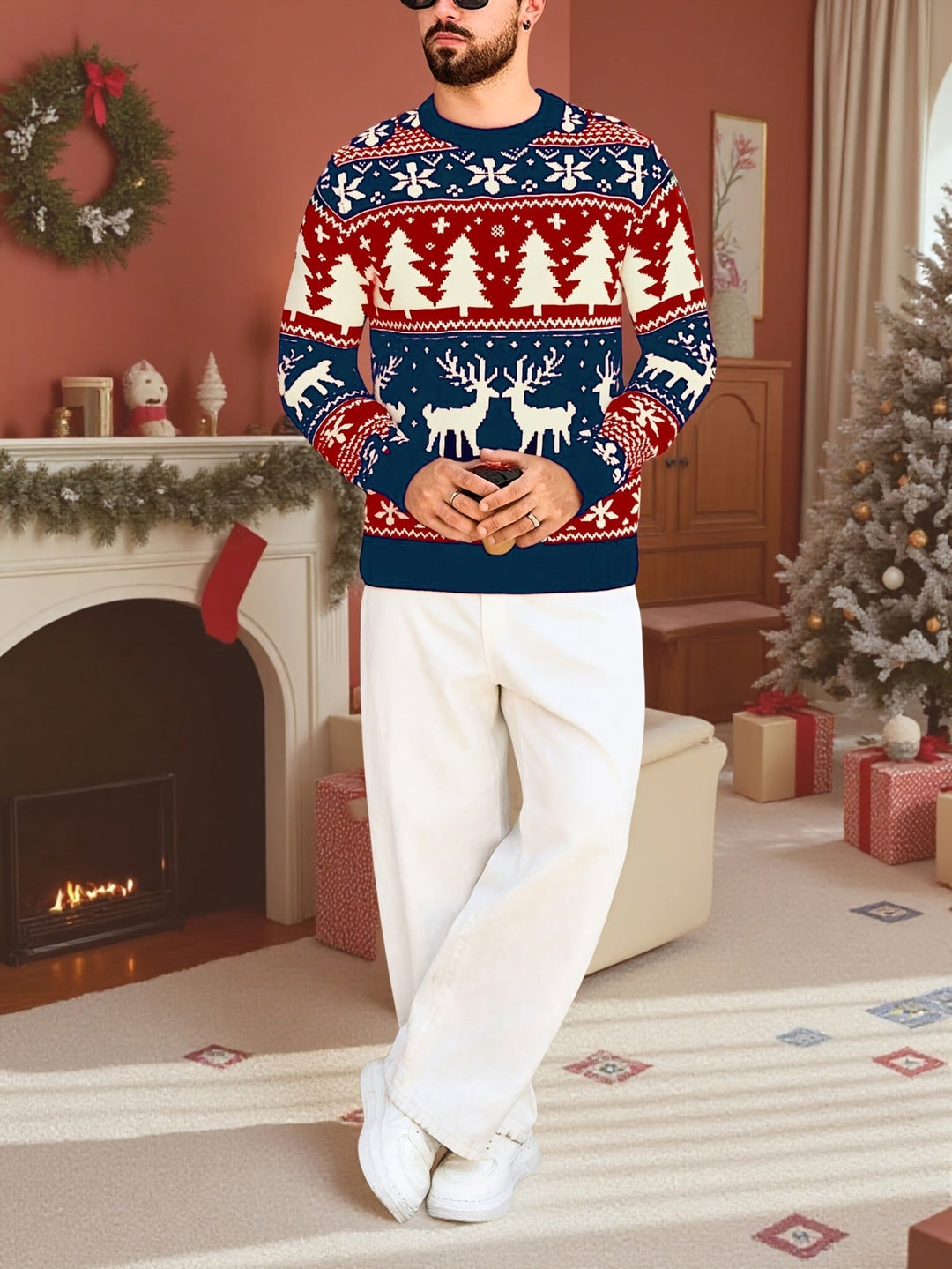 Men's Festive Christmas Sweater Reindeer Fair Isle Crewneck Holiday