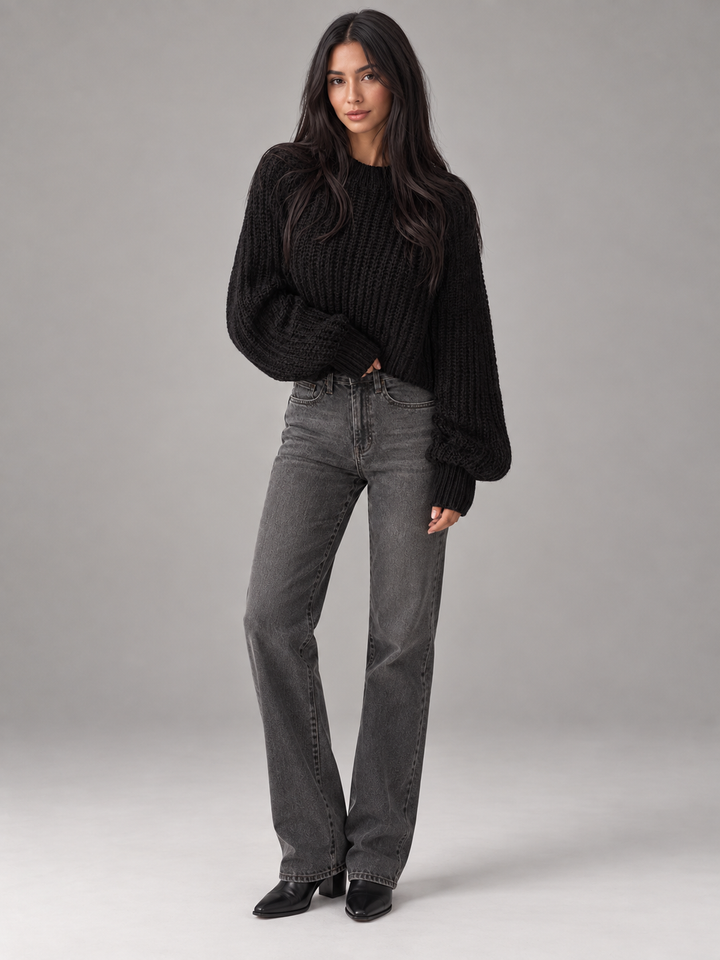 Women's Chunky Cable Knit Oversized Sweater Crewneck Balloon Sleeve Pullover