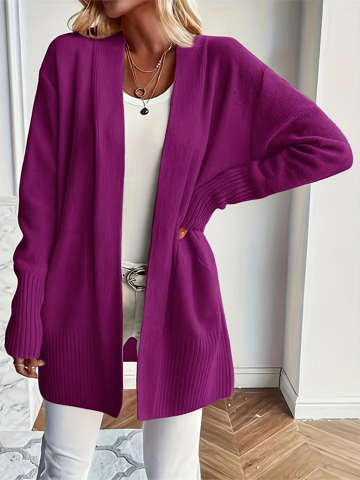 Women's Wool Blend Open-Front Cardigan Ribbed Longline Patch-Pocket Relaxed