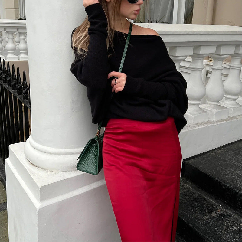 Women's Off-Shoulder Knit Sweater Carmen Neckline Batwing Sleeve Oversized