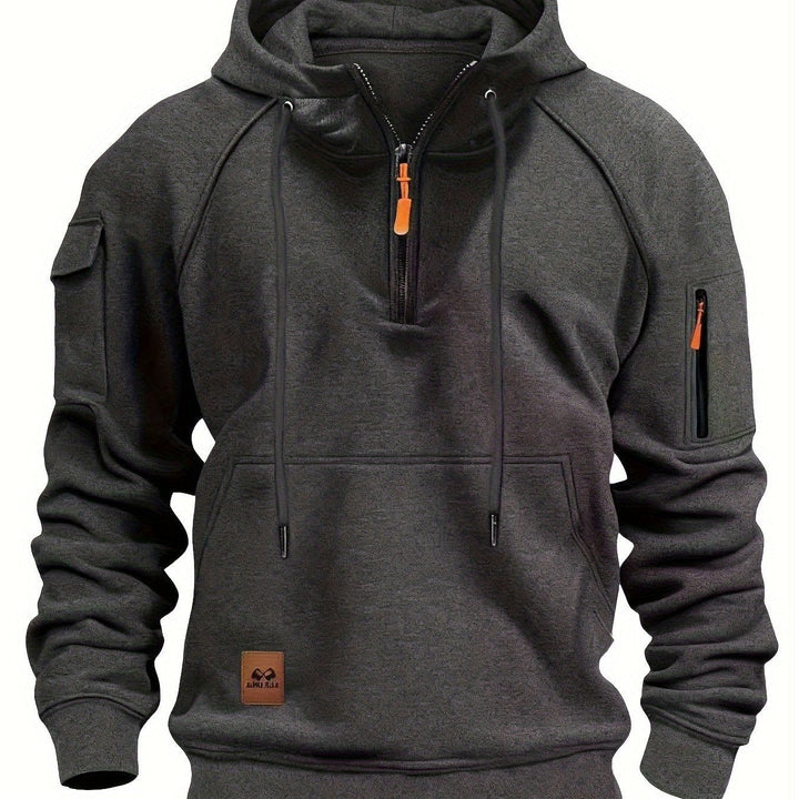 Men's Utility Quarter-Zip Hoodie Drawstring Sleeve Pocket Techwear Relaxed