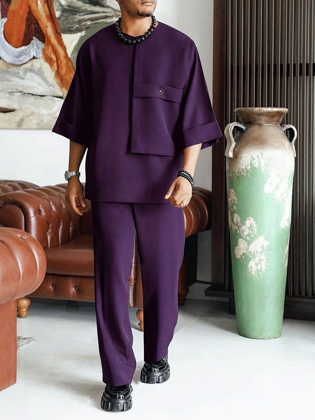 Men's Two-Piece Set Oversized Tee Chest-Pocket Straight-Trousers Relaxed