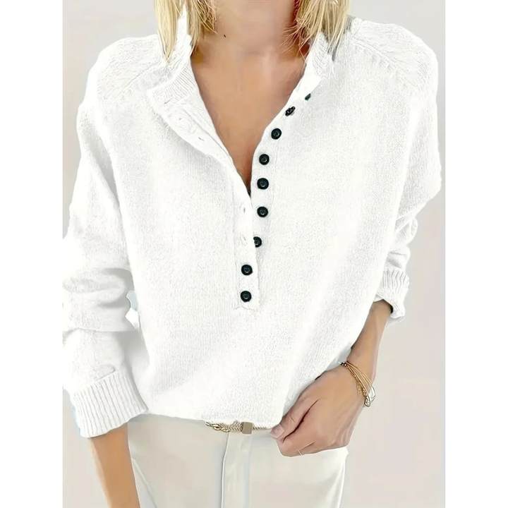 Women's Henley Knit Sweater V-Neck Button-Placket Long-Sleeve Relaxed Pullover