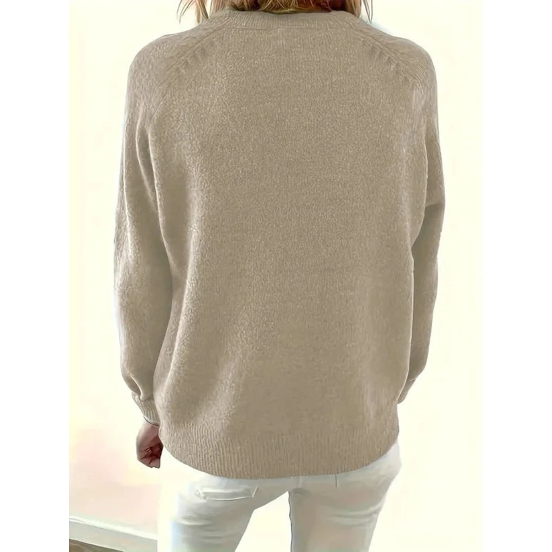Women's Henley Knit Sweater V-Neck Button-Placket Long-Sleeve Relaxed Pullover