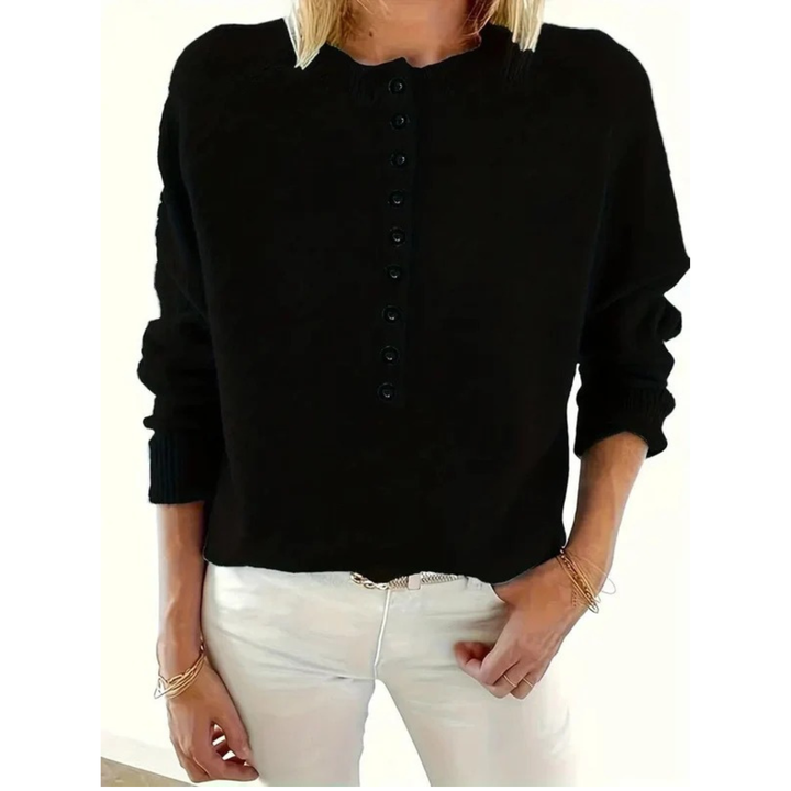 Women's Henley Knit Sweater V-Neck Button-Placket Long-Sleeve Relaxed Pullover
