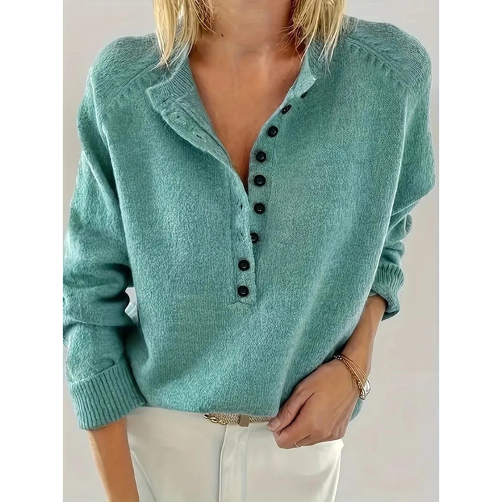 Women's Henley Knit Sweater V-Neck Button-Placket Long-Sleeve Relaxed Pullover