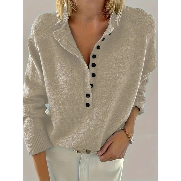 Women's Henley Knit Sweater V-Neck Button-Placket Long-Sleeve Relaxed Pullover