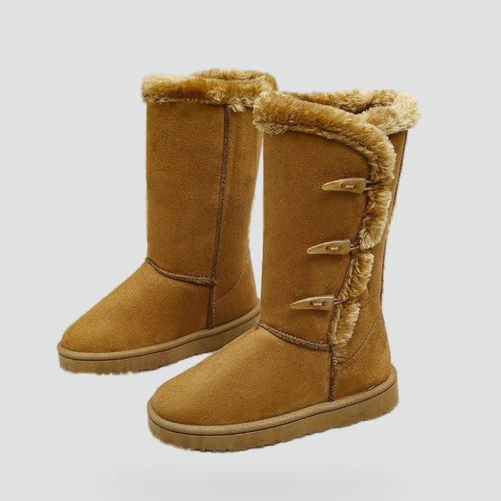 Women's Suede Fur-Trim Snow Boots Toggle Button Tall Warm Flat Winter