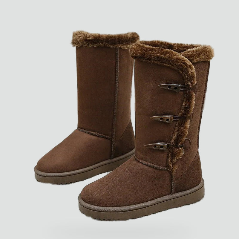 Women's Suede Fur-Trim Snow Boots Toggle Button Tall Warm Flat Winter