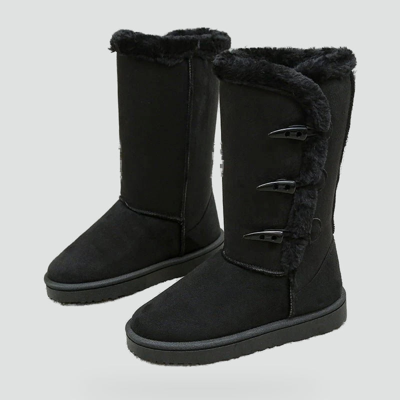 Women's Suede Fur-Trim Snow Boots Toggle Button Tall Warm Flat Winter