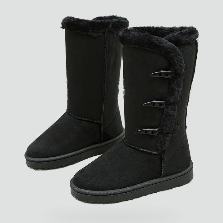 Women's Suede Fur-Trim Snow Boots Toggle Button Tall Warm Flat Winter