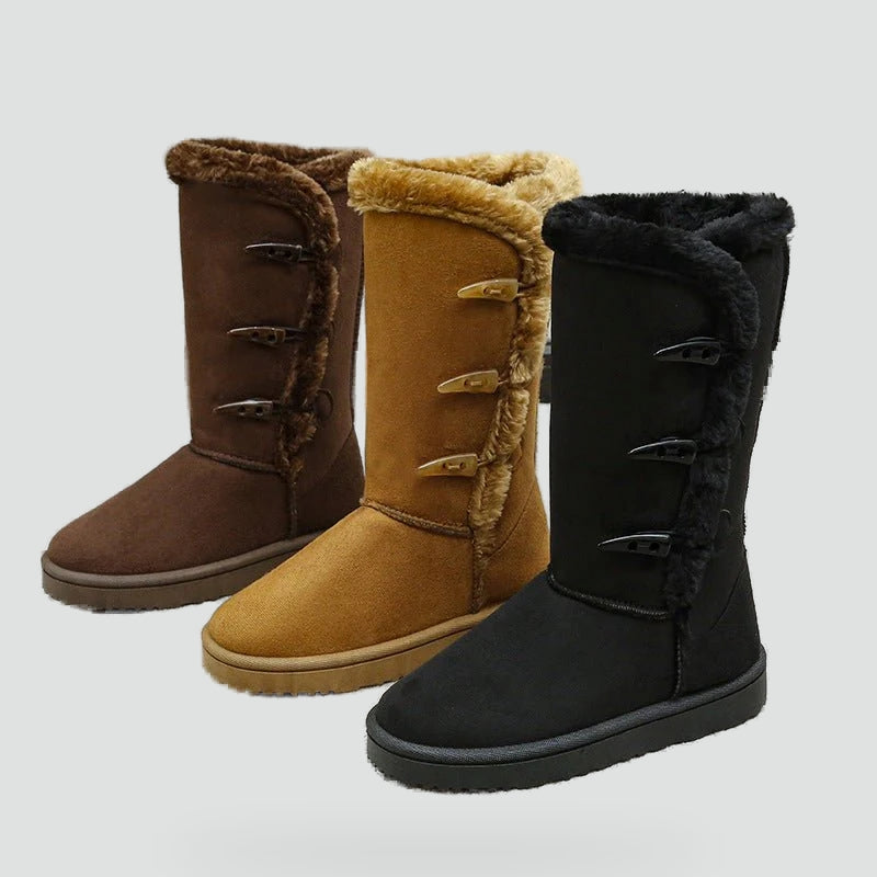 Women's Suede Fur-Trim Snow Boots Toggle Button Tall Warm Flat Winter