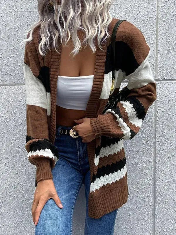 Women's Striped Colorblock Open-Front Knit Cardigan Drop-Shoulder Ribbed Relaxed