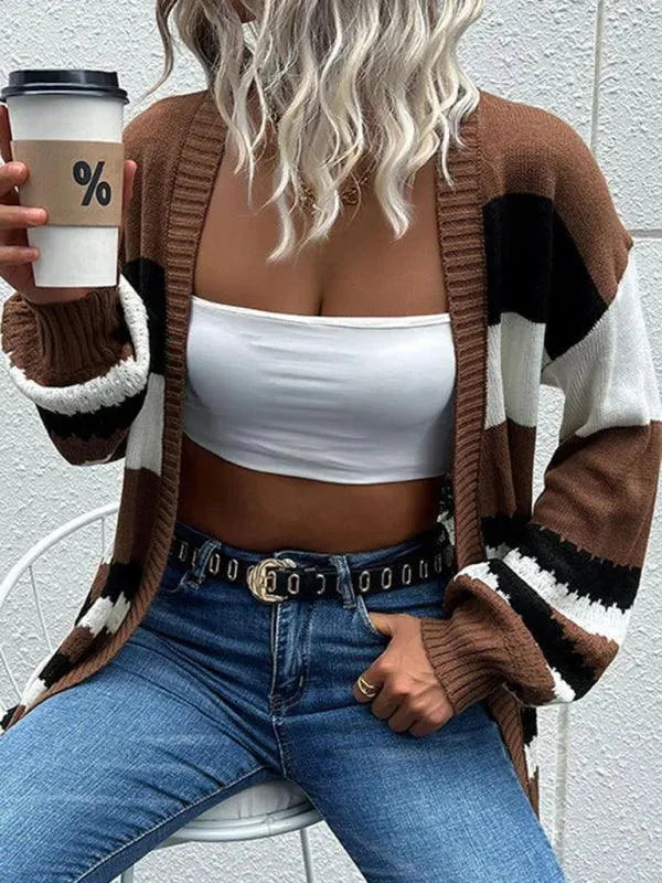 Women's Striped Colorblock Open-Front Knit Cardigan Drop-Shoulder Ribbed Relaxed