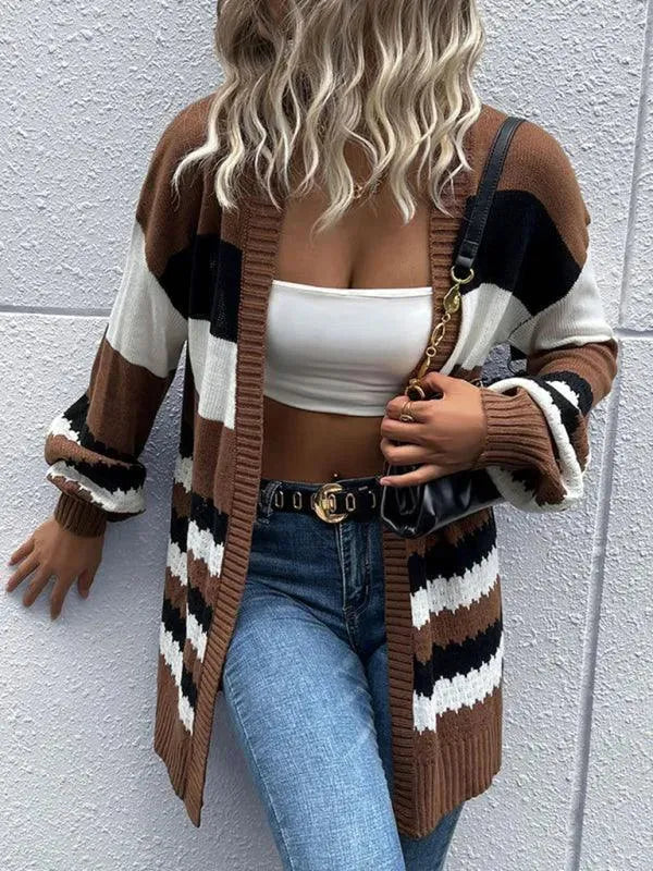 Women's Striped Colorblock Open-Front Knit Cardigan Drop-Shoulder Ribbed Relaxed