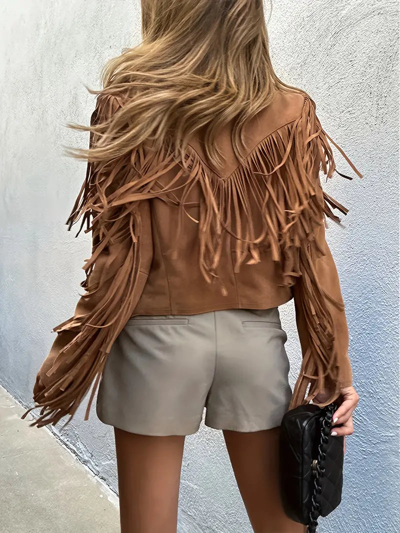 Women's Faux Suede Fringe Moto Jacket Notch Lapel Cropped Brown