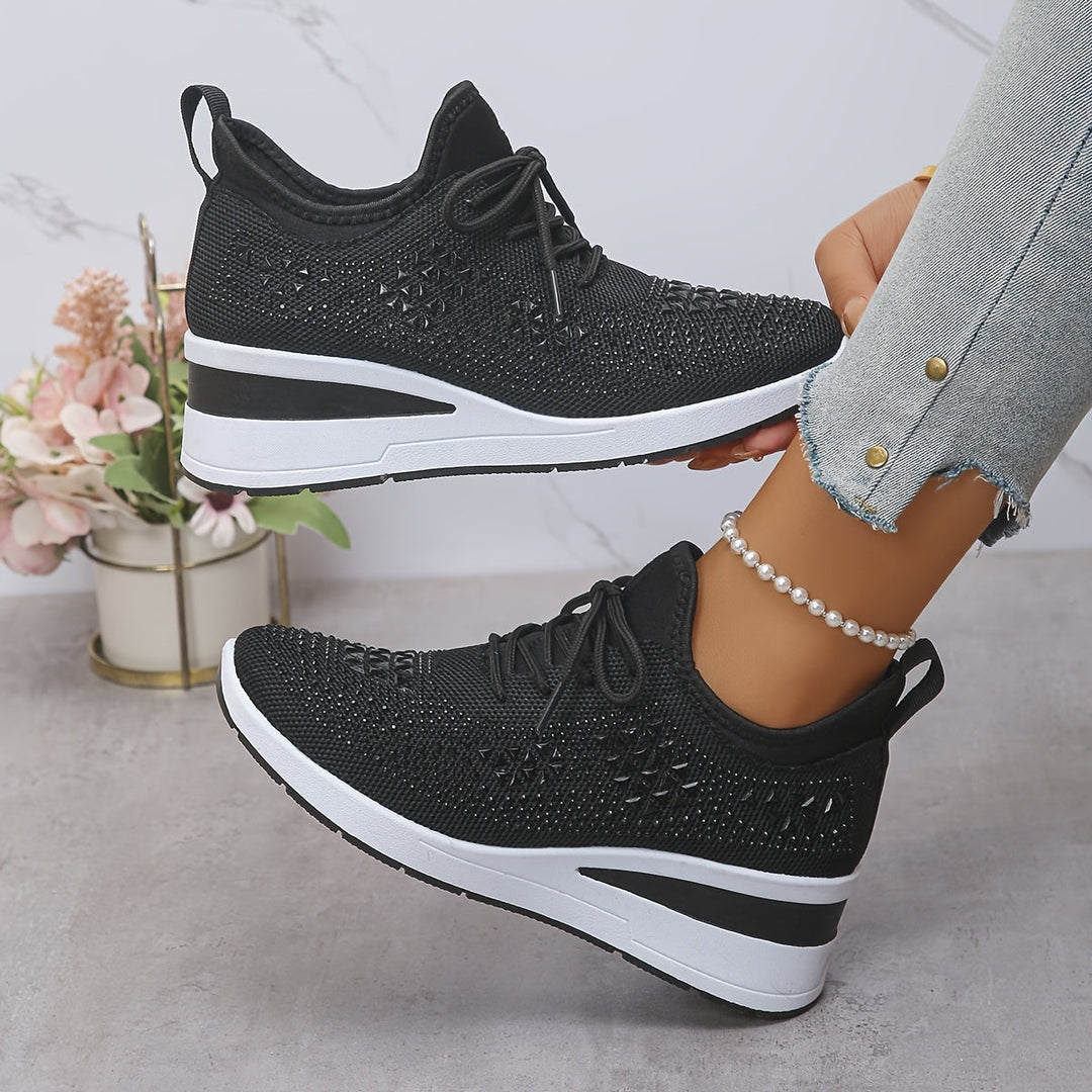 Women's Rhinestone Knit Wedge Sneakers Lace-Up Cushioned Comfort Walking