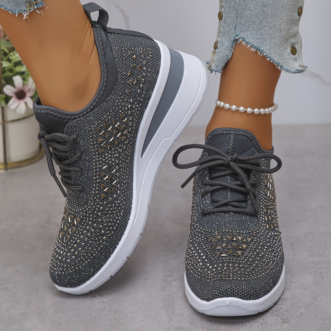 Women's Rhinestone Knit Wedge Sneakers Lace-Up Cushioned Comfort Walking