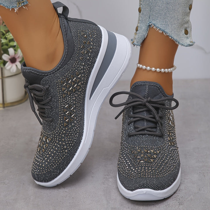Women's Rhinestone Knit Wedge Sneakers Lace-Up Cushioned Comfort Walking