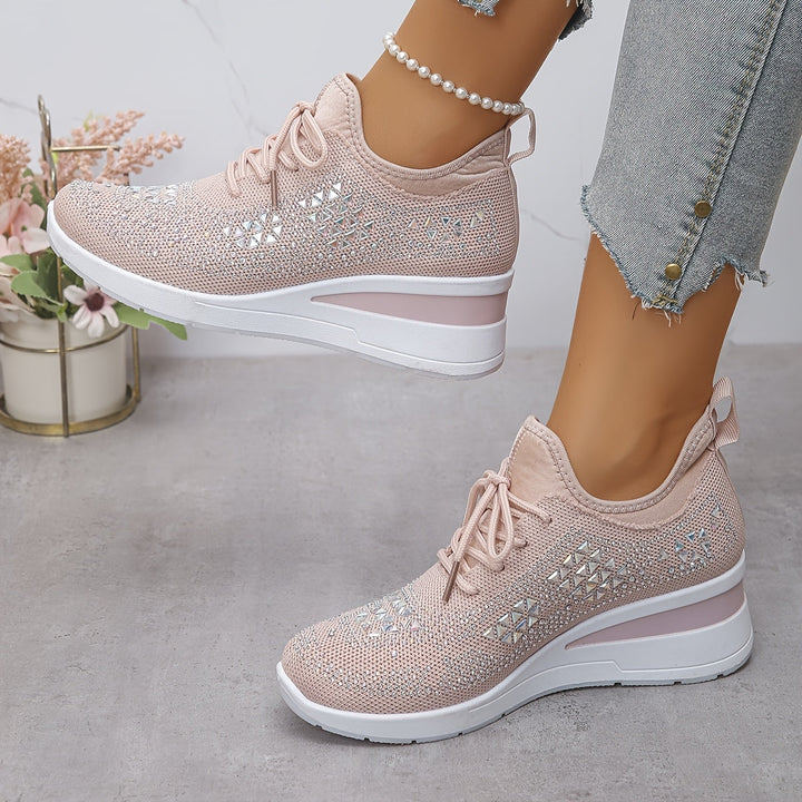 Women's Rhinestone Knit Wedge Sneakers Lace-Up Cushioned Comfort Walking