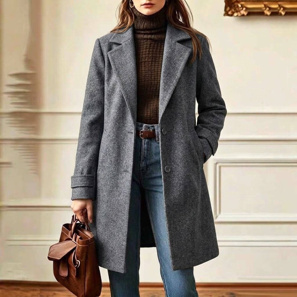 Women's Tweed Wool Coat Plaid Notch Lapel Button-Front Retro Long Winter Overcoat