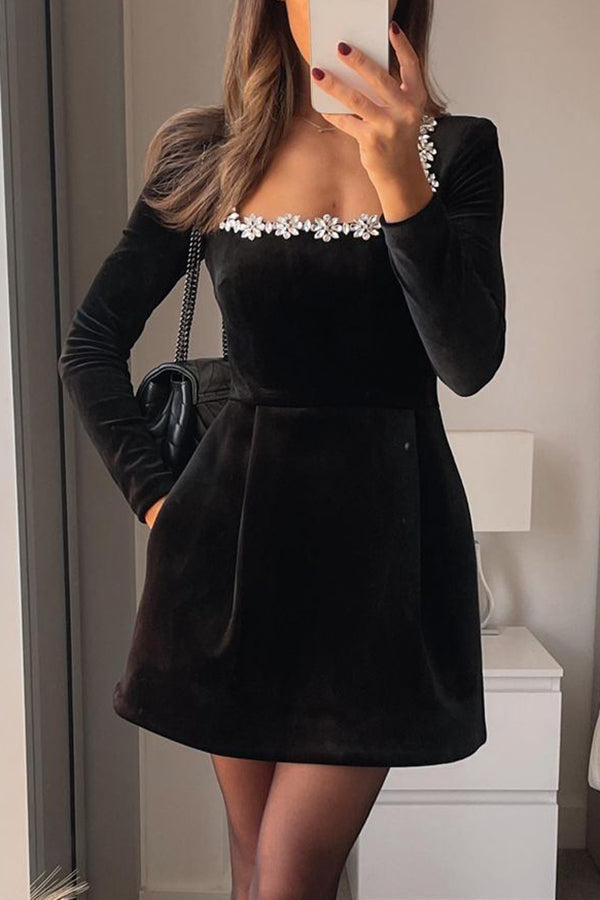 Women's Velvet Mini Dress Square Neck Rhinestone Long-Sleeve A-Line Party