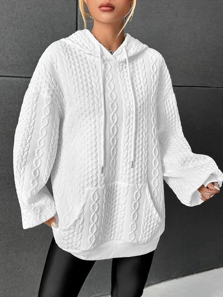 Women's Cable Textured Hoodie Drawstring Kangaroo-Pocket Oversized Longline Relaxed
