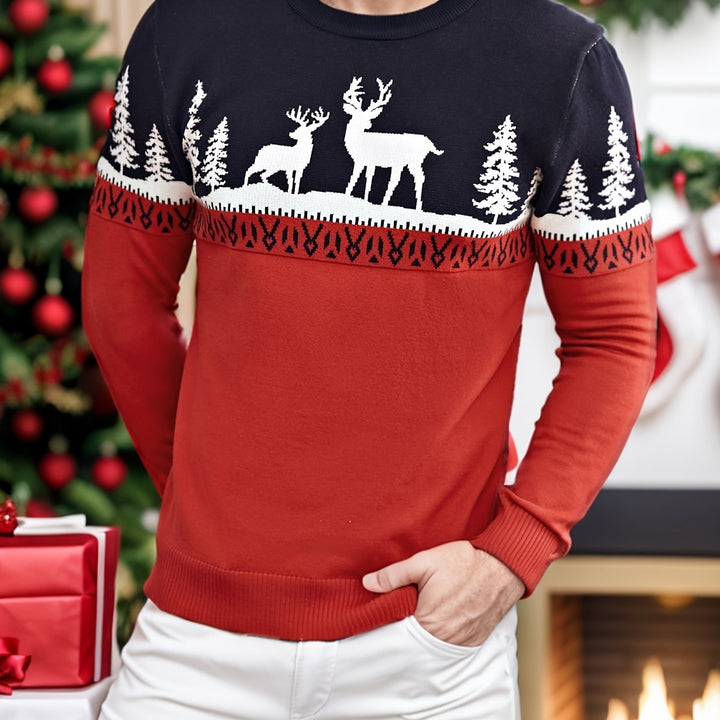 Men's Red Festive Christmas Sweater Reindeer Fair-Isle Crewneck